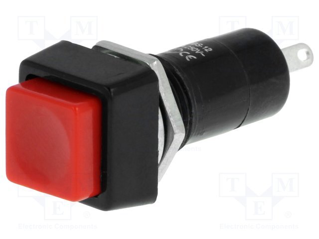 Poga SPST-NO, OFF-ON, 1A/250VAC, Ø12mm, 14x14x35.2mm, sarkanā krasa, ar fiksaciju