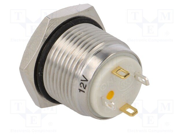 Poga M16x20mm, SPST-NO, OFF-(ON), 2A/36VDC, IP65, LED12VAC/DC, dzeltena riņķis, antivandala, bez fiksacijas