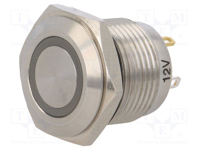 Poga M16x20mm, SPST-NO, OFF-(ON), 2A/36VDC, IP65, LED12VAC/DC, dzeltena riņķis, antivandala, bez fiksacijas