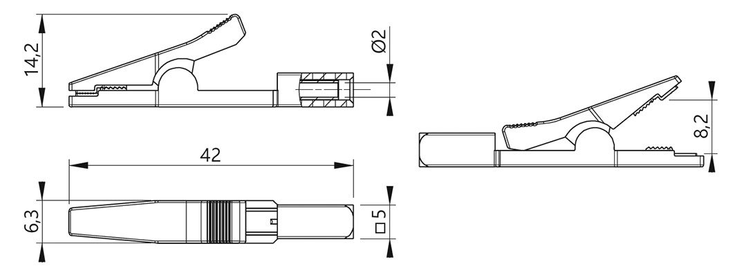 Krokodils izolēts, 2mm, 70VDC/5A, L=42mm, sarkana krasa