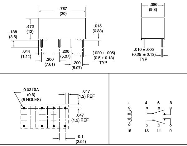 Relejs DC9V, DPDT, 2x0.5A/120VAC, 1A/24VDC, 540Ω(16.6mA), divi kontakti 20x9.8x12mm, IP64, ZETTLER