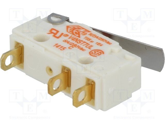 Mikropārslēdzējs ar sviru L=18mm, SPDT, ON-(ON), 5A/250VAC, IP67, 20x6.4x17.5mm, viens kontakts uz parslēgšanu