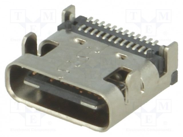 USB-C (type C), 3.1, ligzda uz šasija, SMT, no virsas platei, 4 piestiprinājuma punkti, 24pin