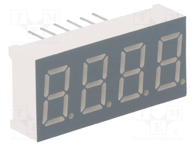 7LED indikators, ceturtkāršs, 9.14mm, 14x30mm, 30...60mcd, kopējs katods, sarkana krasa