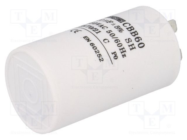 20.0/450VAC, ±5%, elektromotoru kondensators, klemes 6.3mm, 3000h, Ø40x70mm