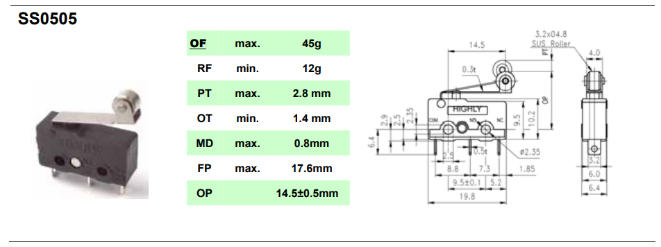 Mikropārslēdzējs ar sviru (ar ruliti) L=25mm, SPDT, ON-(ON), 3A/250VAC, 5A/125VAC, IP40, 19.8x6.4x10.2mm, viens kontakts