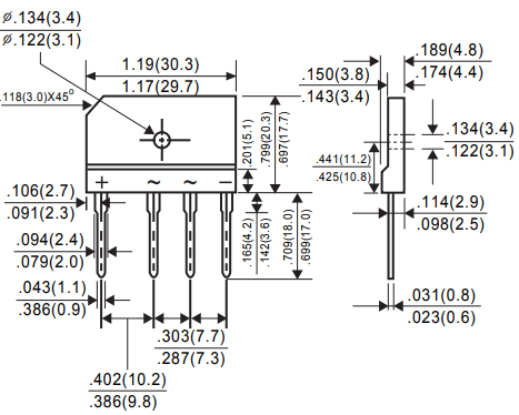 GBK50B Tiltiņš 100V, 50A, 22x19x3.5mm, plakans, vertikāls