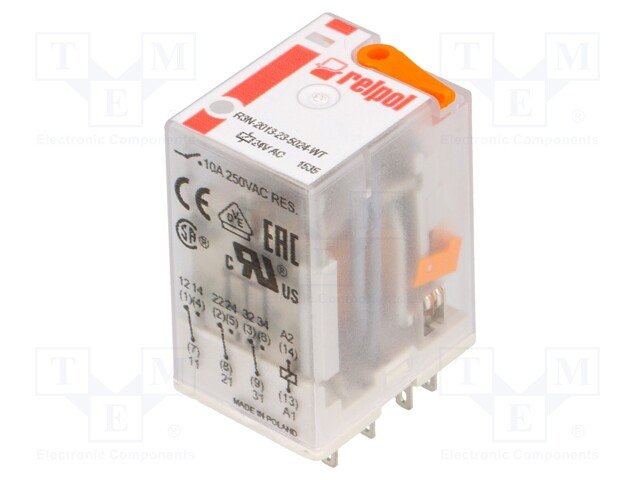 Relejs AC24V, 3PDT, 3x10A/250VAC, 3x10A/24VDC, 158R(150mA), trīsi kontakti uz pārslēgšanu, 27.5x21.2x35.6mm, RELPOL