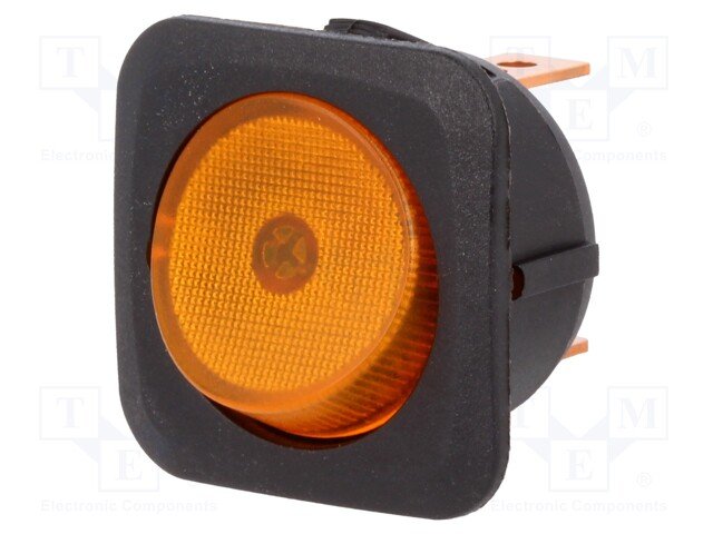 Taustiņslēdzis SPST, ON-OFF, 25A/12VDC, 28x28mm, Ø24mm, lanpiņa 12VDC(dzeltena), melna krasa, ar fiksāciju