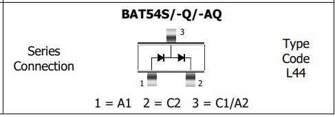 BAT54S(L44)(*V4), SMD, 2xDiodes Schottky, 30V, 2x0.1A, 5ns, (Anod-Katod/Anod-Katod) (---|>|---/---|>|---), SOT23