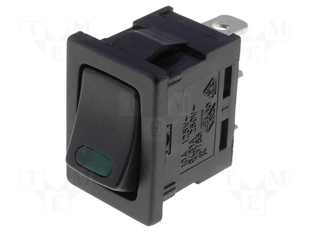 Taustiņslēdzis SPST, ON-OFF, 16A/12VDC, 15x21mm, LED12VDC(zaļš) 1 versija, melna krasa, ar fiksāciju