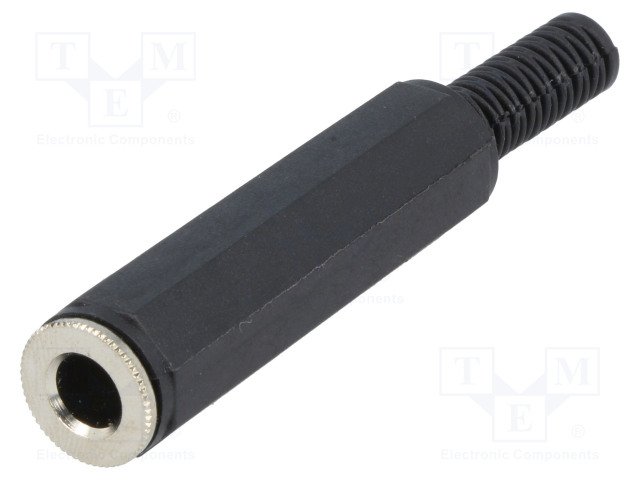 6.35mm ligzda, stereo, plastmasas, uz vadu, melns