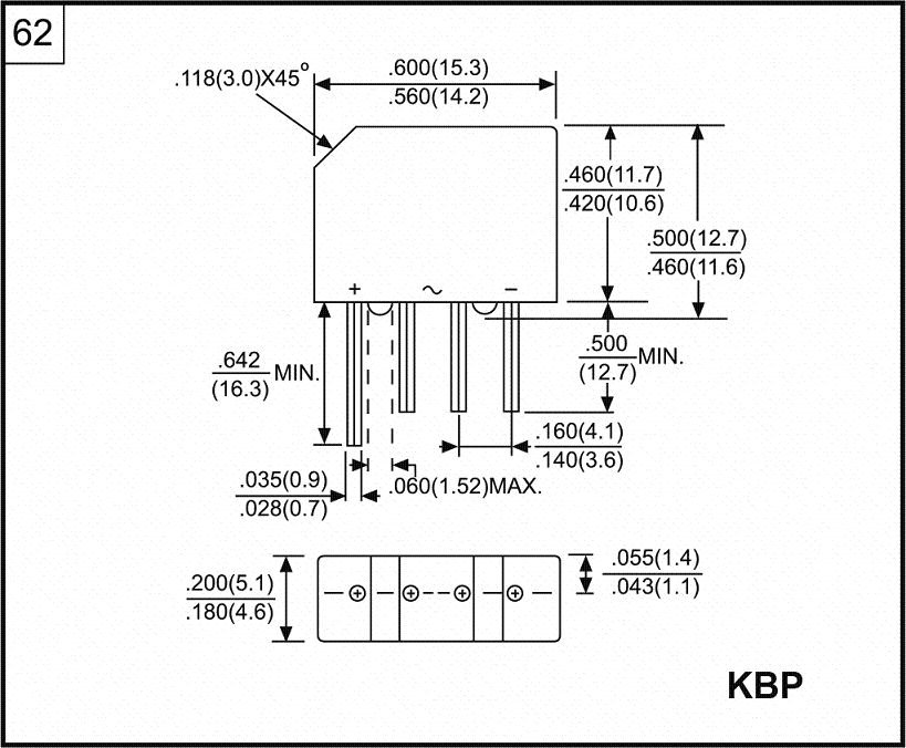 KBP2005G(RS201) Tiltiņš 50V, 2A, 15.3x12.7x5.1mm, plakans, vertikāls