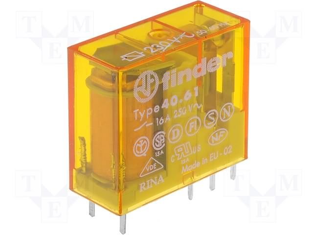 Relejs 230V/AC, SPDT, 16A/250VAC, 16A/30VDC, 28kΩ(5mA), viens kontakts uz pārslēgšanu, AgSnO2, 29x25x12.4mm, FINDER