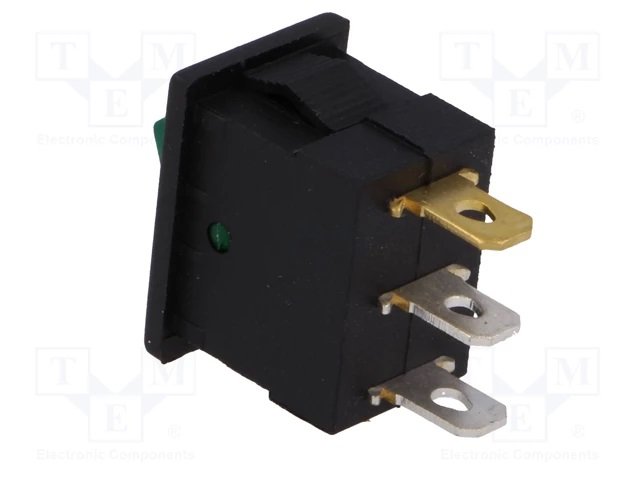 Taustiņslēdzis SPST, ON-OFF, 3A/250VAC,6A/125VAC, 18.8x12.9x14.4mm, apgaism. neona lamp. (--O), zaļā krasa, ar fiksāciju