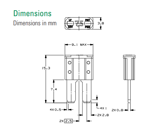Drošinātājs auto, MICRO2, 10A, 32V, 9.1 x 15.3 x 3.8mm