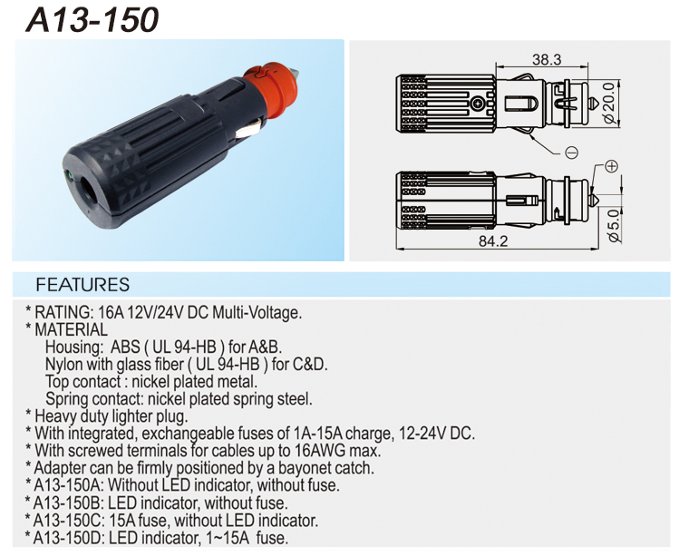 auto štekeris piepīpētājam AR drošinātāju, vadam, 12V/24V, 16A, LED