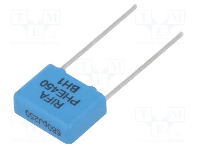 680pF/250VDC, 180VAC, ±5%, polipropilēns kondensātors 7.5mm, 10x4x8mm, KEMET