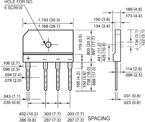 GBI15M Tiltiņš, 1000V, 15A, 30x20x4.6mm, plakans, vertikāls
