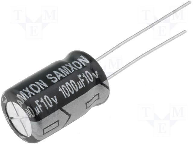 1000/10V, 105C, Ø10x16mm, ±20%, Kondensatori zemas induktivitātes, 6000h, Samxon, ar lokaniem izvadiem