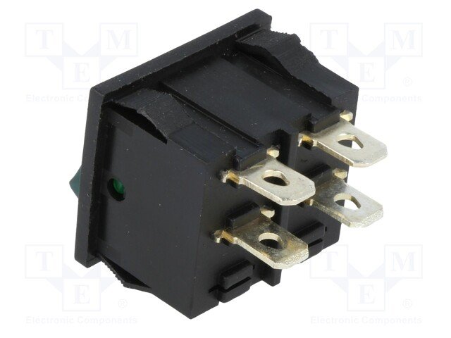 Taustiņslēdzis DPST, ON-OFF, 6A/250VAC,10A/125VAC, 21x24.3x28mm, apgaism. neona lamp. (--O), zaļā krasa, ar fiksāciju