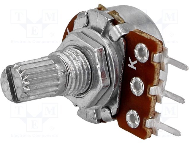 100K mono, Ø17x9.5mm, 100mW, 6mm, L=9mm, potenciometrs ar lineare atkarību, PCB veida