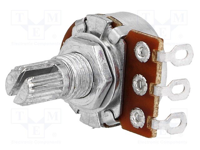 2K2 mono, Ø17x9.2mm, D=6mm, L=9mm, 63mW, ±20%, potenciometrs ar logarimisku atkarību,  lodejamie izvadi
