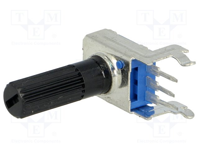 10K mono, 10x15.5x6.8mm, 125mW, 300°, 6mm, solis=2.54mm, potenciometrslineāru atkarību, PCB veida, horizontālais