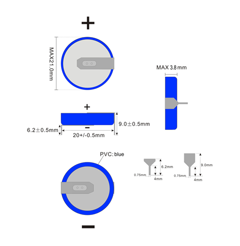 CR2032 litija baterija, horizontala ar kajām, 3.0V, Ø20x3.2mm, 210mAh, divas lodēšanas punkti, 3.31gr