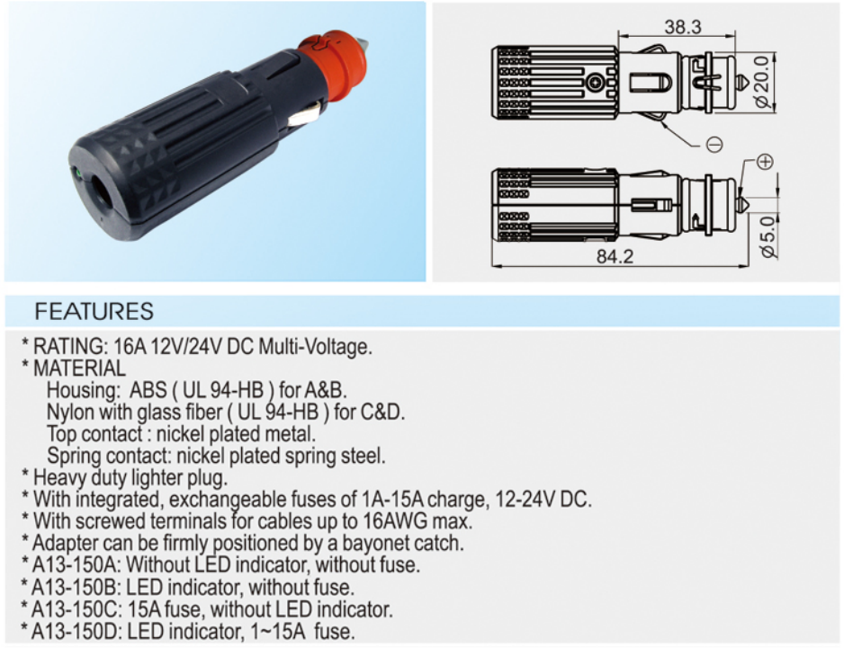 auto štekeris piepīpētājam BEZ drošinātāja, vadam, 12V/24V, 16A, LED