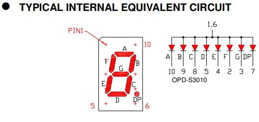 7LED indikators, vienkartējs, 7.62mm, 12.7x7.6x6.1mm, kopējs anods, sarkans