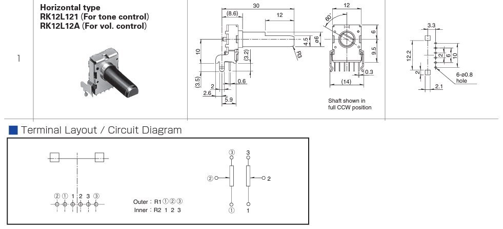 10K stereo, viena rinda, ±20%, 50mW, potenciometrs ar logaritmisku atkarību, vertīkalais, ass D-profils, D=6mm