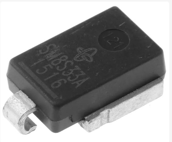 SM8S33A, SMD Supresors 5.2kW, 33V, sadalījuma spriegums 36.7V, vienvirzienes tips, DO218AB