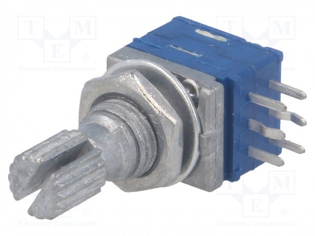 1K stereo, 11x9.5mm, D=6mm, L=10mm, 25mW, ±10%, 300°, potenciometrs ar logarimisku atkarību, THT izvadi, BOURNS