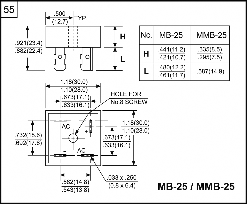 KBPC35005 Tiltiņš 50V, 35A, plakanā veida izvadi 6.4*0.8mm
