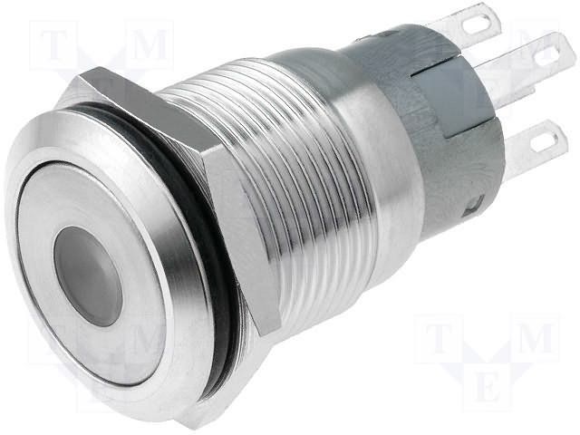 Poga M19x36mm, SPDT, ON-ON, 0.5A/220VAC, 1A/24VDC, IP67, LED12VAC/DC, dzeltena centrā, antivandala, ar fiksaciju