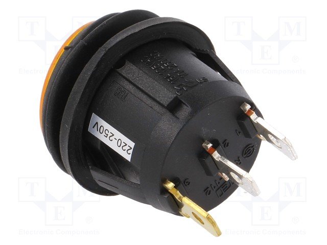 Taustiņslēdzis SPST, ON-OFF, 10A/250VAC, D=23mm, IP65, apgaism. neona lamp., dzeltena krasa, apaļa, ģermetiska, ar fiksāciju