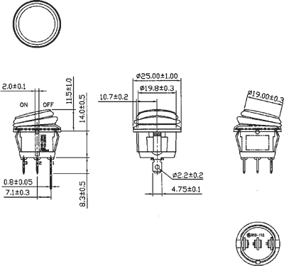 Taustiņslēdzis SPST, ON-OFF, 10A/250VAC, D=23mm, IP65, apgaism. neona lamp., zila krasa, apaļa, ģermetiska, ar fiksāciju