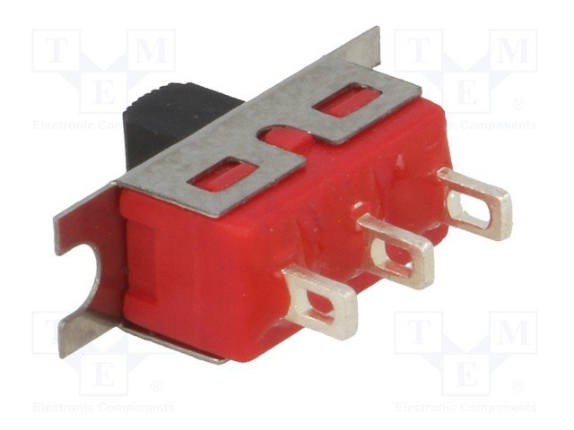 Pārslēdzējs slīdbīdņu SP3T, 2A/250VAC, 5A/28VDC, ON-OF-ON, 19.56x6.1x6.35mm, L=5.08mm, taisns, viens kontakts uz trīm stāvoklim