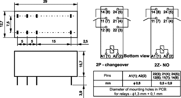 Relejs DC18V, DPDT, 2x8A/250VAC, 2x8A/24VDC, 710Ω(25mA), IP67, divi kontakti uz pārslēgšanu, 29x12.7x15.7mm, RELPOL