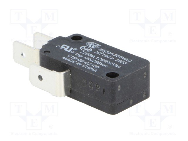 Mikropārslēdzējs bez sviras, SPDT, ON-(ON), 22A/250VAC, IP40, 27.8x10.3x15.9mm, viens kontakts