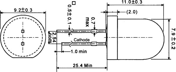 8mm, sarkana, 40...150mcd, 60°, 2...2.5V/20mA, 625nm, matēta, gaismas diode