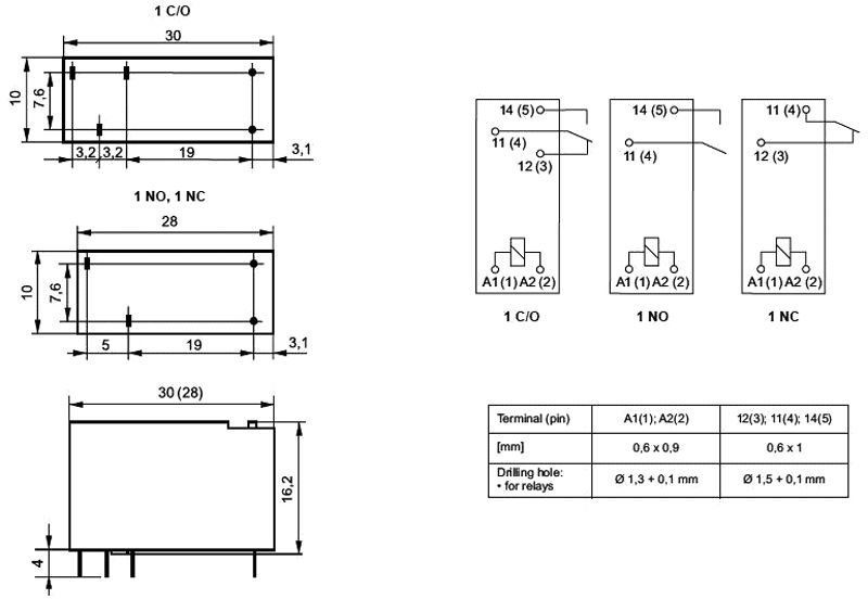 Relejs DC6V, SPDT, 8A/250VAC, 8A/24VDC, 160R(37mA), viens kontakts uz pārslēgšanu, 30x10x16.2mm, RELPOL
