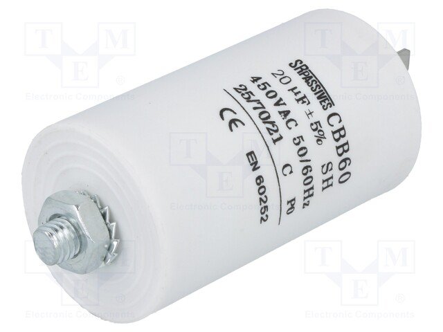 20.0/450VAC, ±5%, elektromotoru kondensators, klemes 6.3mm, 3000h, M8, Ø40x70mm