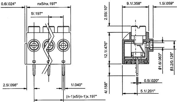 Terminal Blocks PCB, ar pogas fiksāciju, 3pin, 5mm, 1.5mm2, 300V/8A, 10x12x15mm