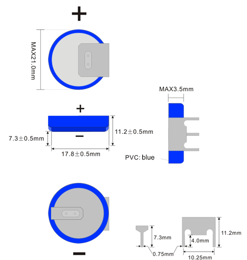 CR2032 litija baterija, horizontala ar kajām, 3.0V, Ø20x3.2mm, 210mAh, trīs lodēšanas punkti, 3.31gr