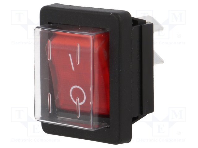 Taustiņslēdzis DPST, ON-OFF, 16A/250VAC, 25x30x33mm, IP44, (--O), 6.3x0.8mm, apg. 230VAC, sarkana krasa, ar fiksāciju