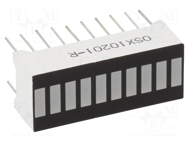 10LED skala, 25.5x10.2x7.9mm. 70mcd, sarkans