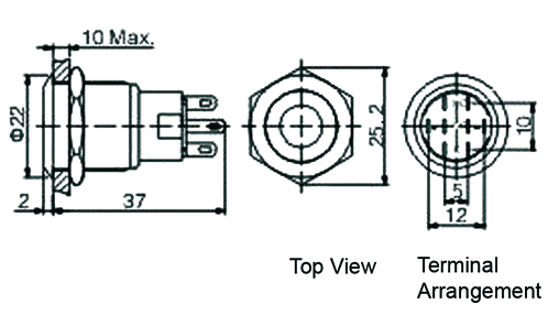 Poga M19x36mm, SPDT, ON-(ON), 0.5A/220VAC, 1A/24VDC, IP67, LED12VAC/DC, zaļa centrā, antivandala, bez fiksacijas