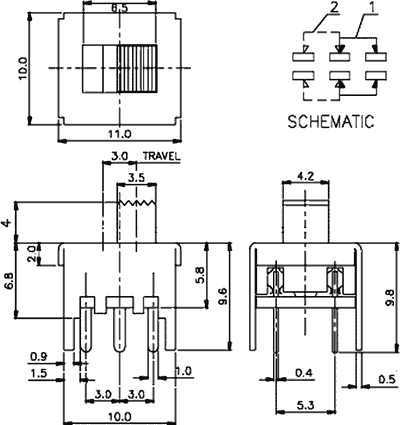 Pārslēdzējs slīdbīdņu DPDT, 0,5A/50VDC; ON-ON,11x10x6.8mm, L=4mm, taisns, divi kontakti uz divam stāvoklim